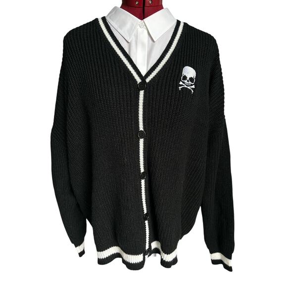 Thorn and Fab Sweaters - Thorn & Fable Women’s Size XL Scull Embroidered Varsity‎ Striped Cardigan